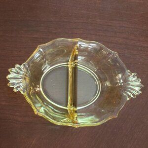 Vintage Fostoria Yellow Glass Divided Serving Dish With Floral Handles